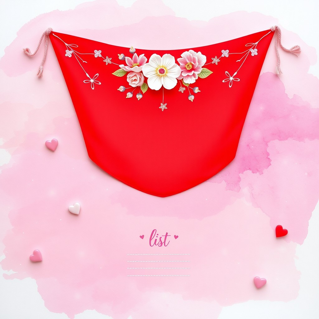 A beautiful and aesthetic arrangement featuring a vibrant red flag adorned with delicate floral designs and pastel accents