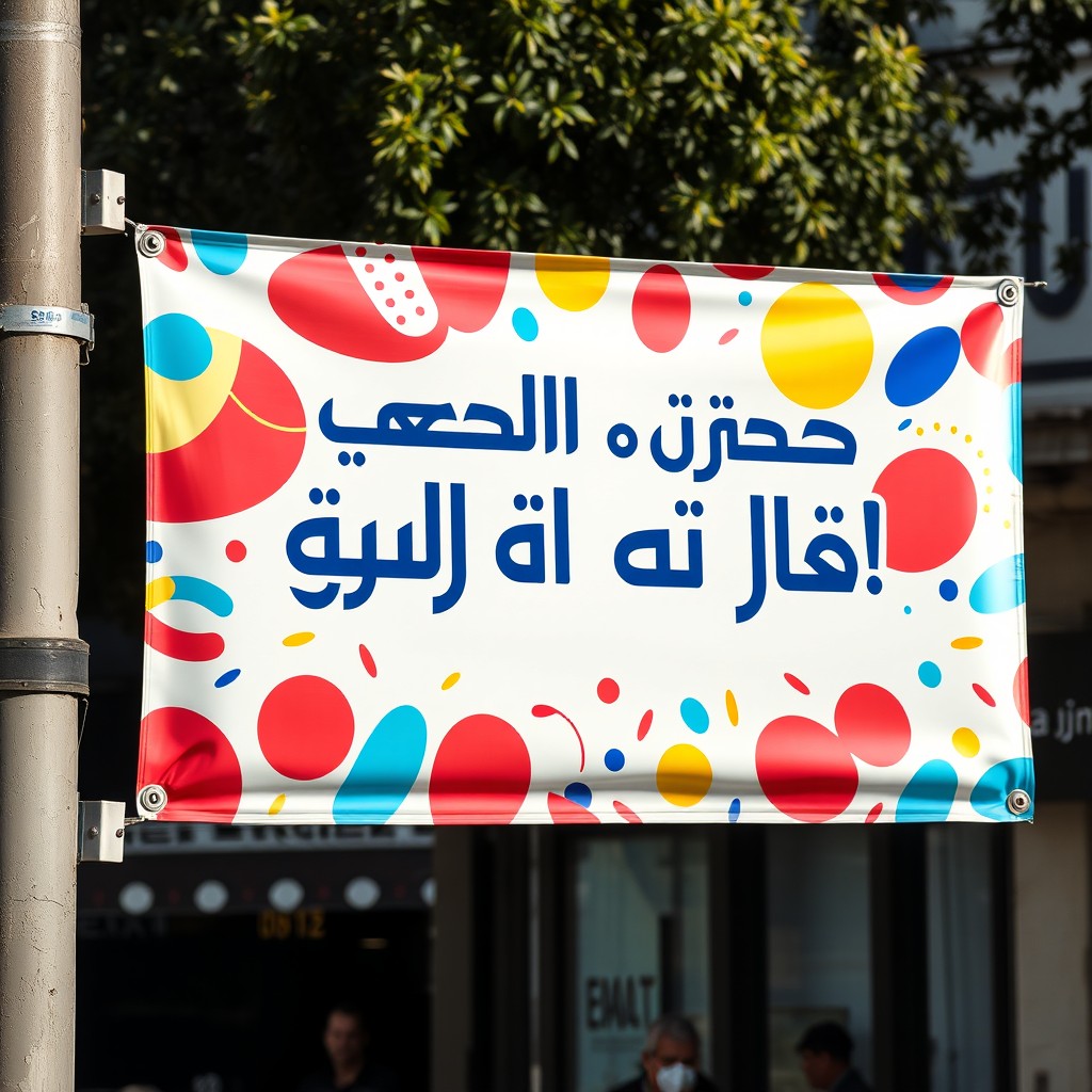 A vibrant street banner featuring the Arabic phrase "فيش السخانة ابو حنا دبانة" in bold, eye-catching typography