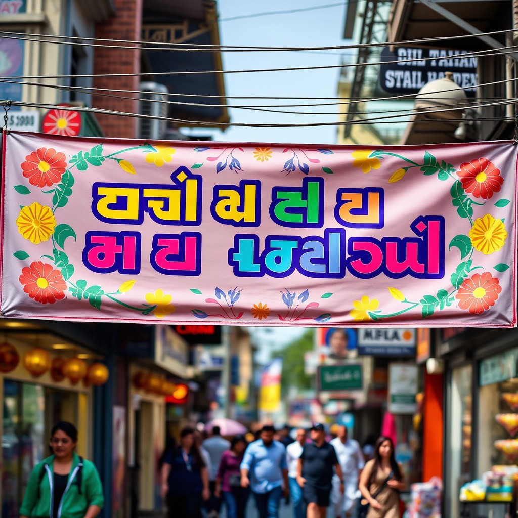A vibrant street banner displaying the phrase "فيش السخانة ابو حنا دبانة" in bold, colorful typography
