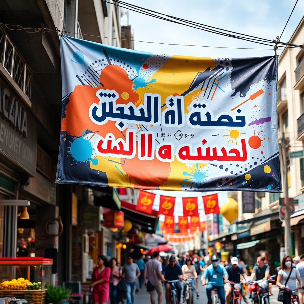 A vibrant street banner featuring bold Arabic text that reads "فيش السخانة ابو حنا دبانة"