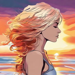 Illustrate a detailed image of a blonde, side-profile woman against the backdrop of a beach sunset, with her hair created from vibrant flames.