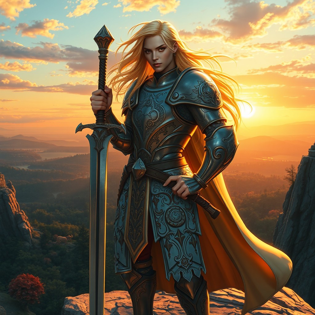 A stunning fantasy knight with flowing blonde hair, clad in intricately designed armor that glistens in the sunlight
