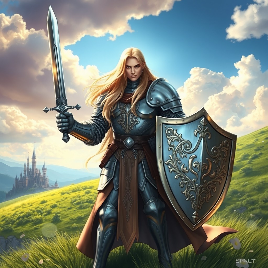 A fantasy scene featuring a heroic knight with long, flowing blonde hair, clad in intricately detailed silver armor, shining in the sunlight