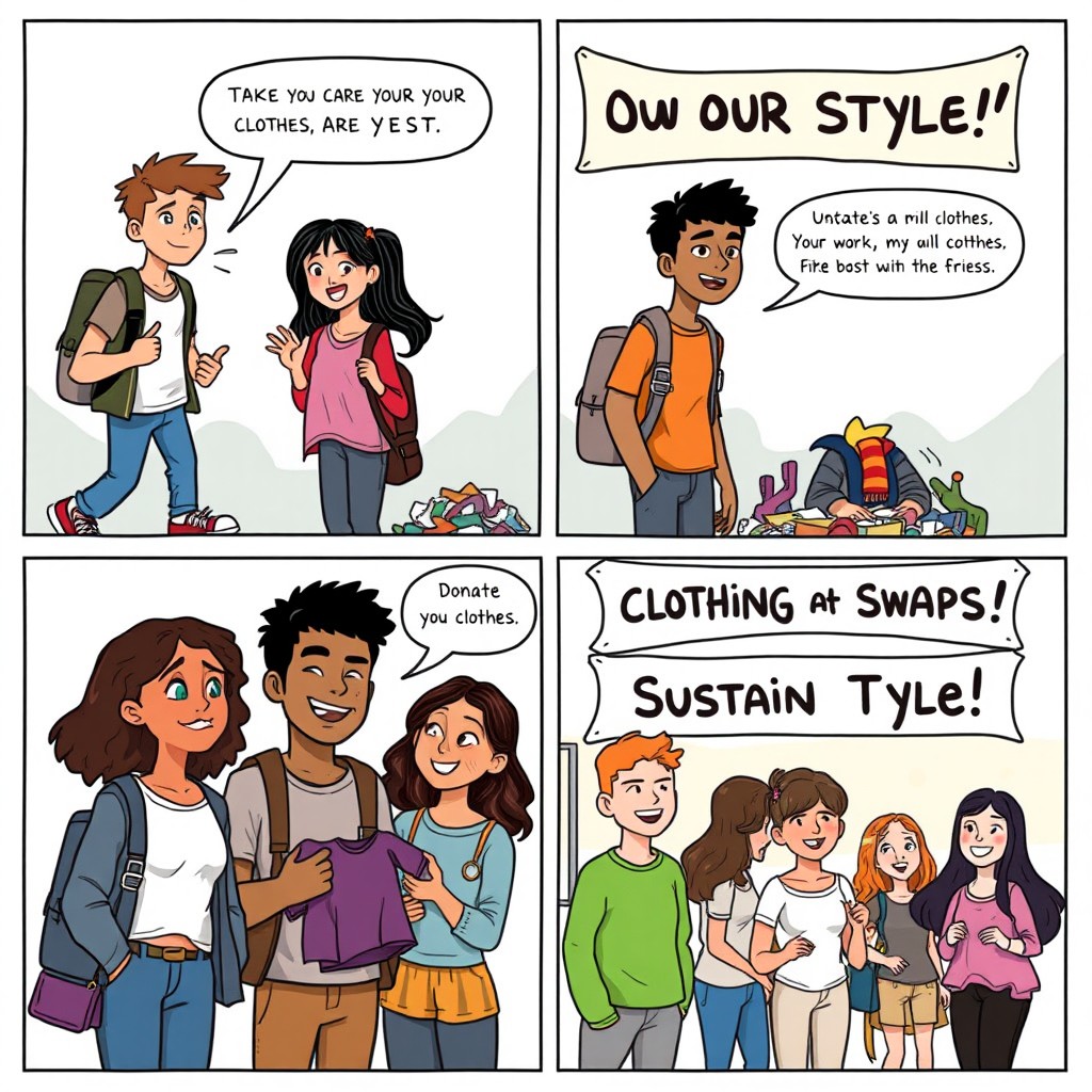 A comic strip featuring a group of diverse college students on campus discussing the importance of taking care of their clothes and not littering