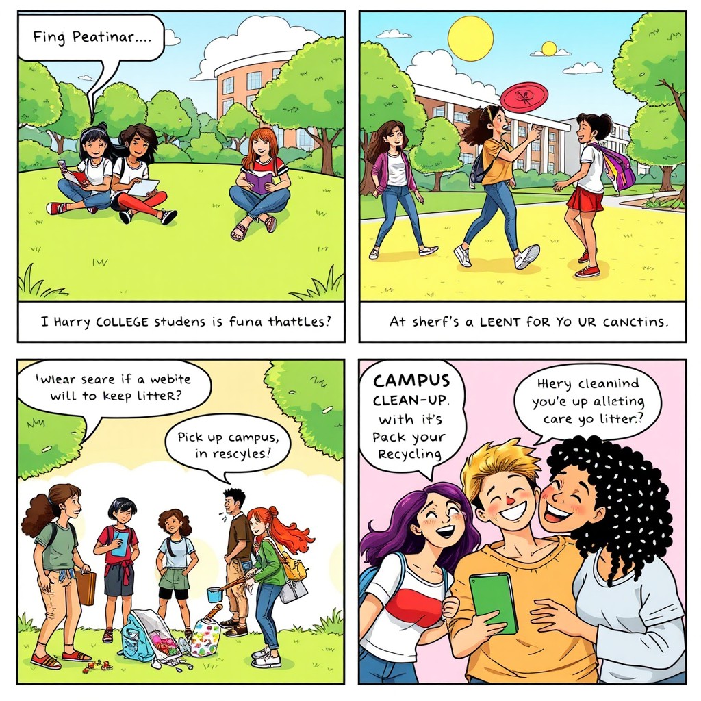 A vibrant comic strip featuring a group of diverse college students engaging in fun, responsible activities on a sunny college campus