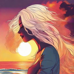 Illustrate a detailed image of a blonde, side-profile woman against the backdrop of a beach sunset, with her hair created from vibrant flames.