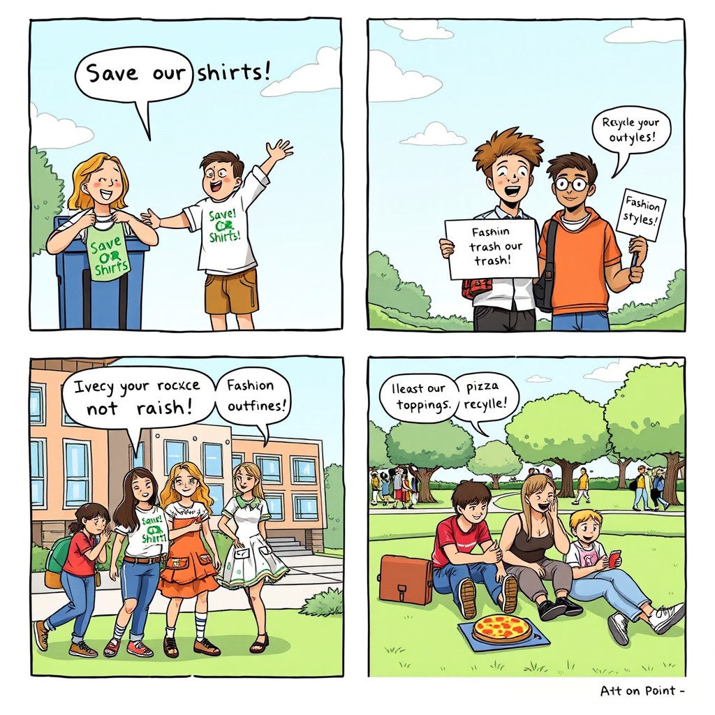 A hilarious comic strip featuring a group of four college students on a vibrant college campus