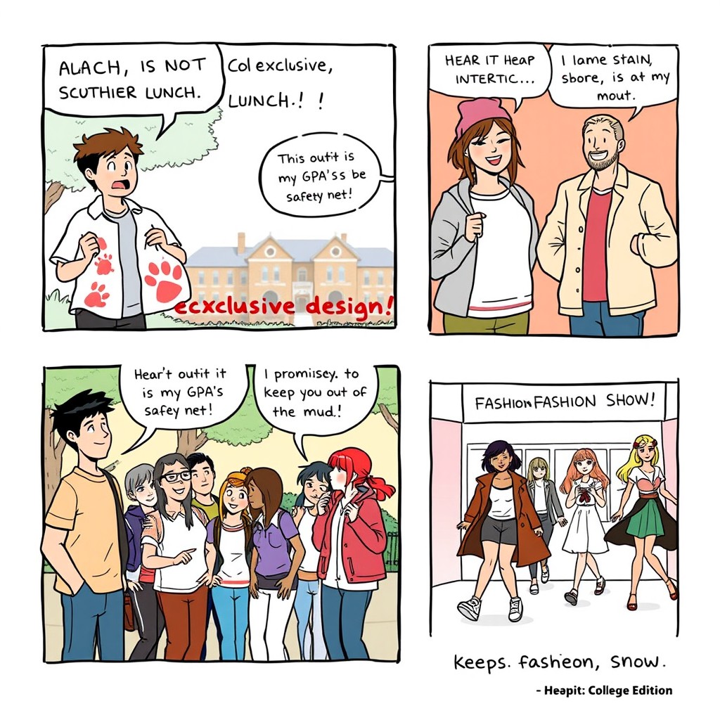 A hilarious comic strip featuring a group of college students on a campus, playfully joking about the importance of keeping clothes clean and not trashing them