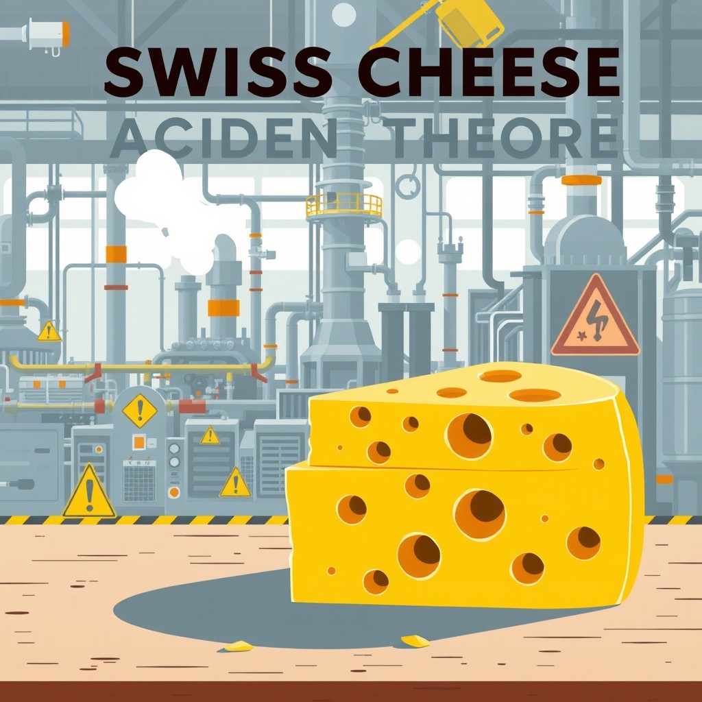 A metaphorical representation of the Swiss cheese accident theory, depicting layers of Swiss cheese with holes symbolizing different layers of defense