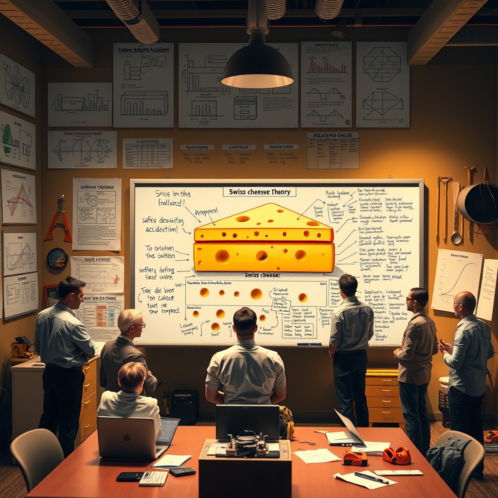 An artistic interpretation of the Swiss cheese accident theory, illustrating layers of Swiss cheese with holes drastically representing various layers of organizational and system failures leading to an accident