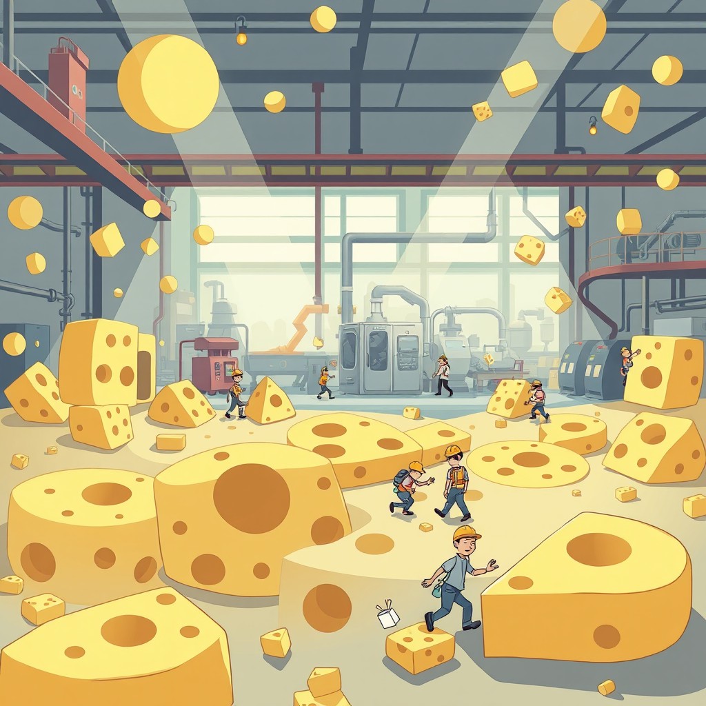 An imaginative illustration depicting the Swiss cheese accident theory, expressing the concept of layered defenses in a whimsical and metaphorical way