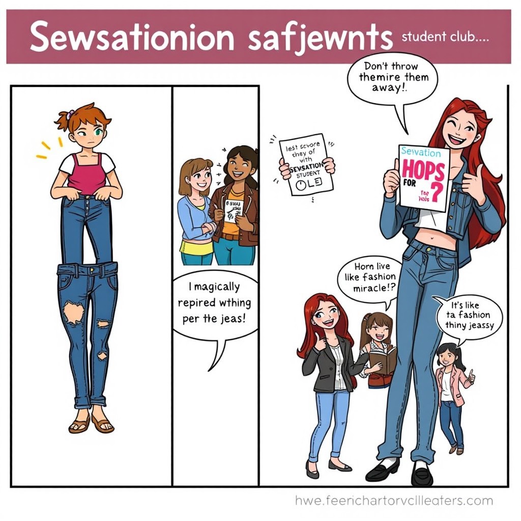 A three-panel comic strip featuring a humorous scenario about college students and the Sewsation student club