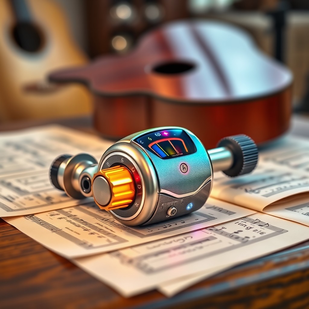 An intricately designed tuner with vibrant colors, featuring detailed knobs and buttons
