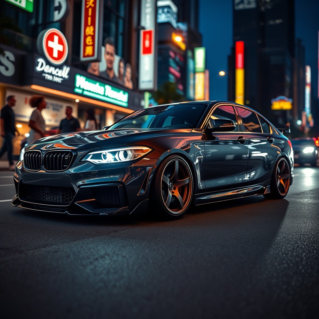 A sleek, polished car with a high-performance finish, parked at a vibrant urban backdrop