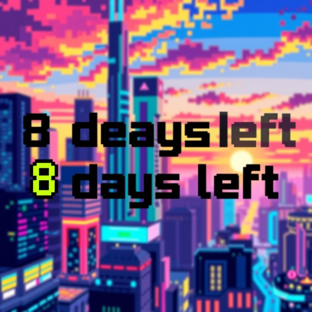 A pixel art style image featuring a vibrant city skyline in the background, with tall buildings, neon lights, and a colorful sunset sky