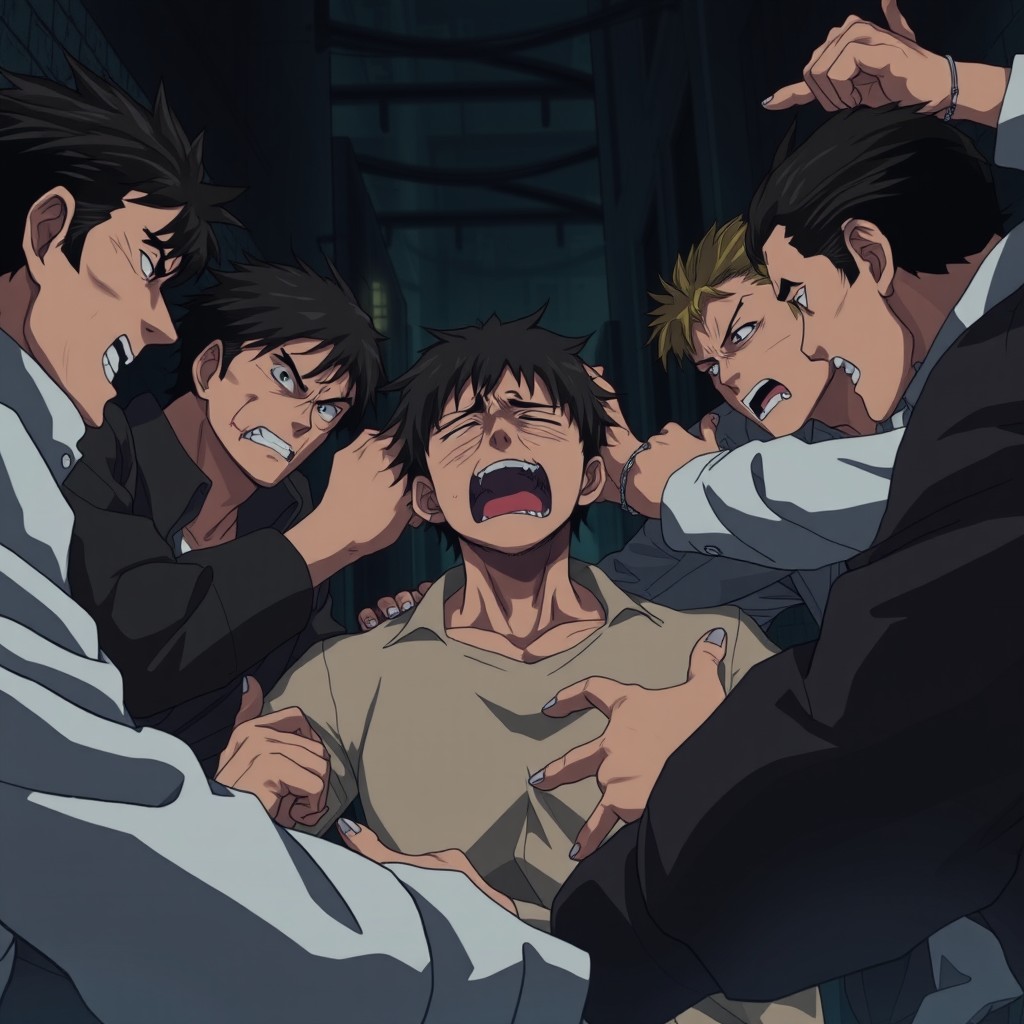 A dramatic scene featuring a beaten man crying in the center, surrounded by a group of aggressive men who are striking him