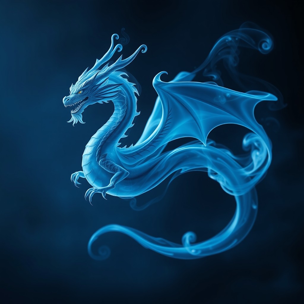 A mystical Fume Drake formed entirely from swirling blue smoke, elegantly drifting through the air without legs, showcasing its ethereal and ghostly appearance