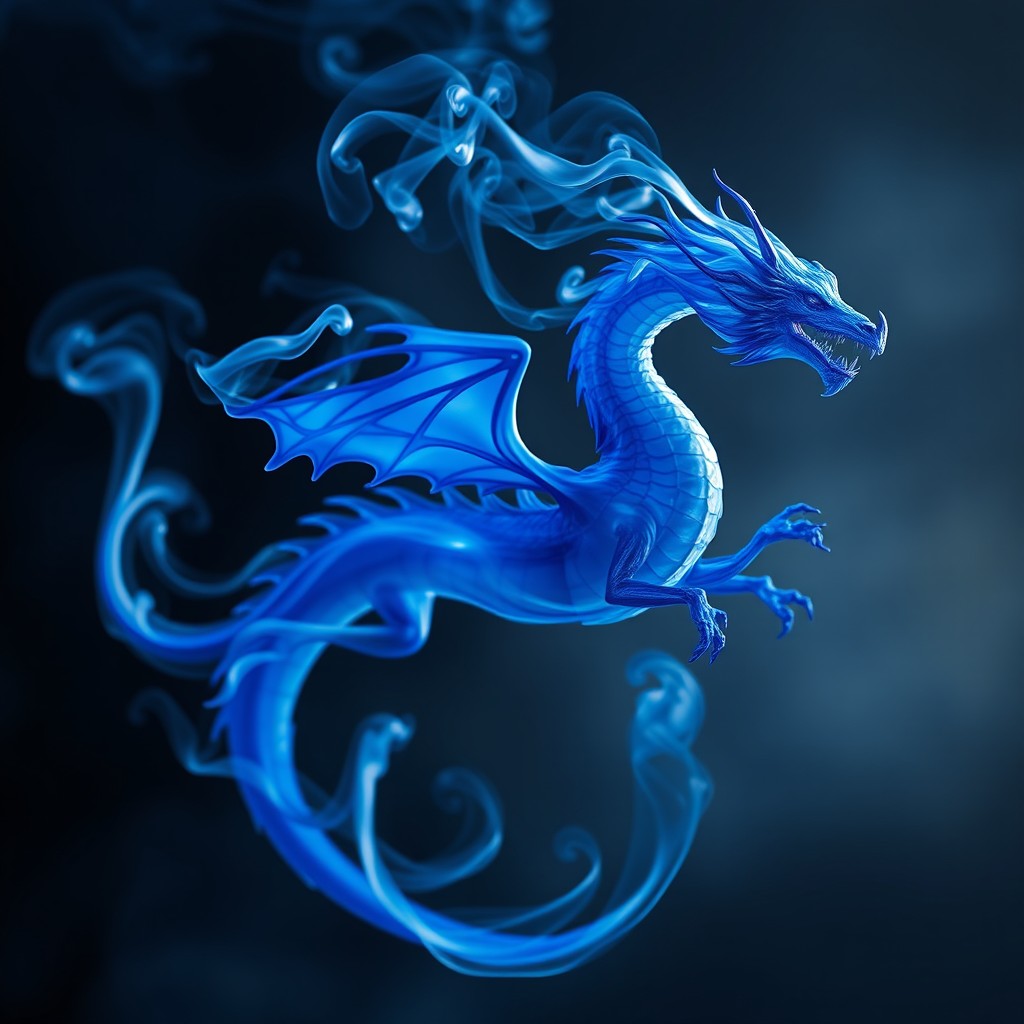A mystical fume drake, entirely composed of swirling blue smoke, elegantly floating in the air with a majestic presence