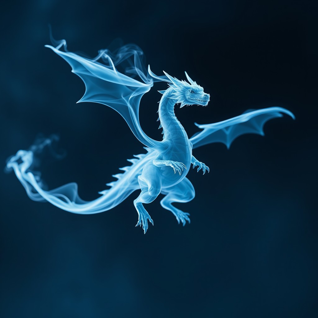 A mystical Fume Drake, intricately formed from swirling blue smoke, elegantly hovering in mid-air with no legs