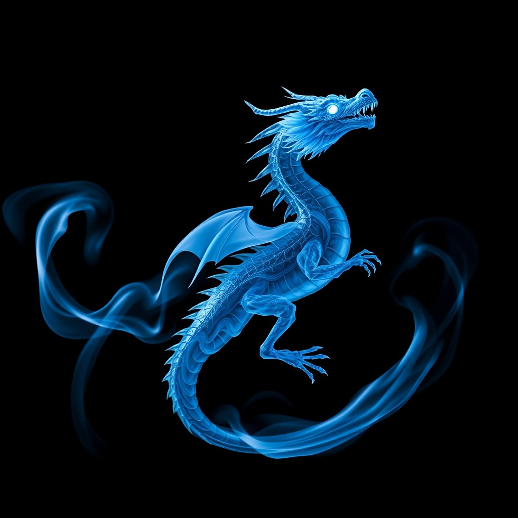 A mesmerizing Fume Drake, intricately crafted from swirling blue smoke, taking the form of a dragon without legs
