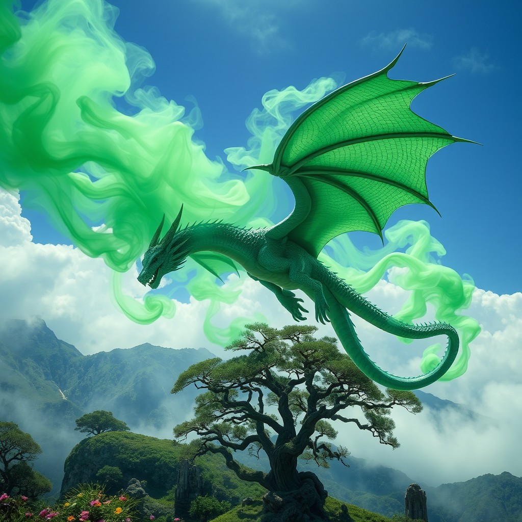 A majestic dragon soaring through the sky, enveloped in swirling green smoke and fume