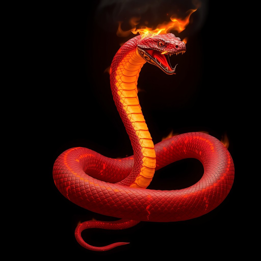 A fierce Dungeons & Dragons fire snake, its scales glowing red and orange, showcasing intricate patterns along its body