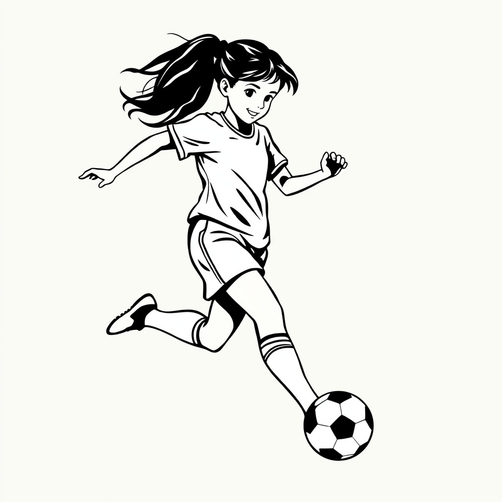 A black and white vector silhouette of a young female soccer player in action, depicted in a dynamic pose as she kicks a soccer ball