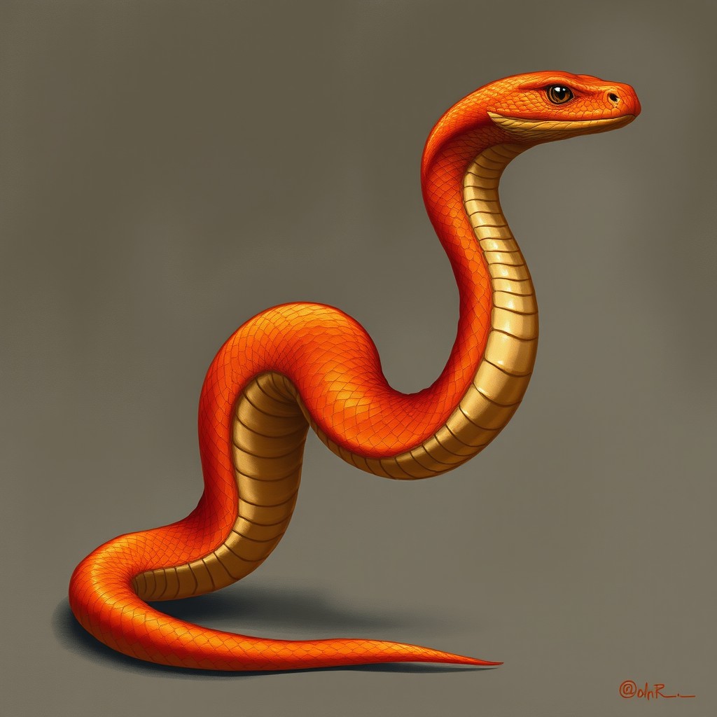 A DnD Firesnake characterized by its vibrant orange-red colored scales, depicted in a majestic pose