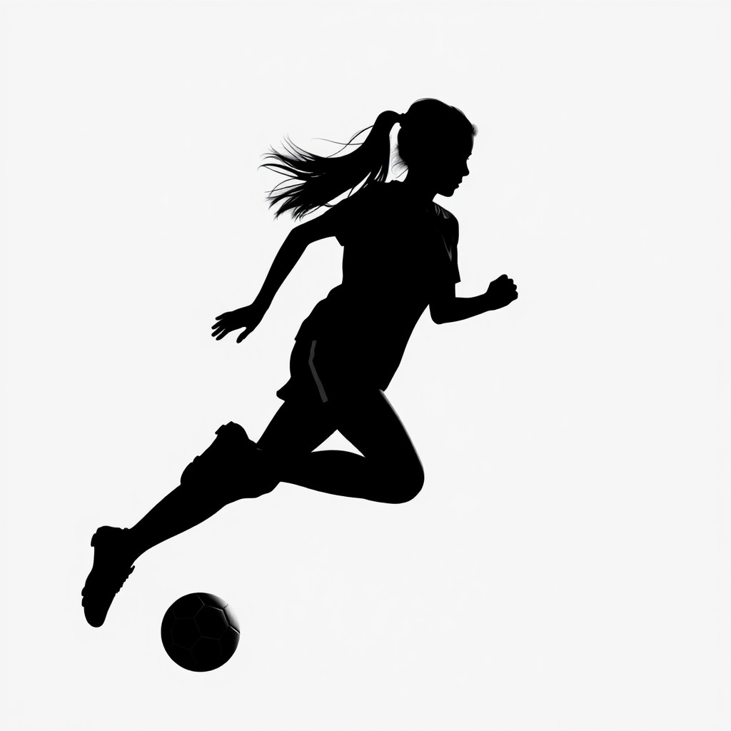A striking silhouette of a young female soccer player in action, showcasing dynamic movement as she dribbles a soccer ball