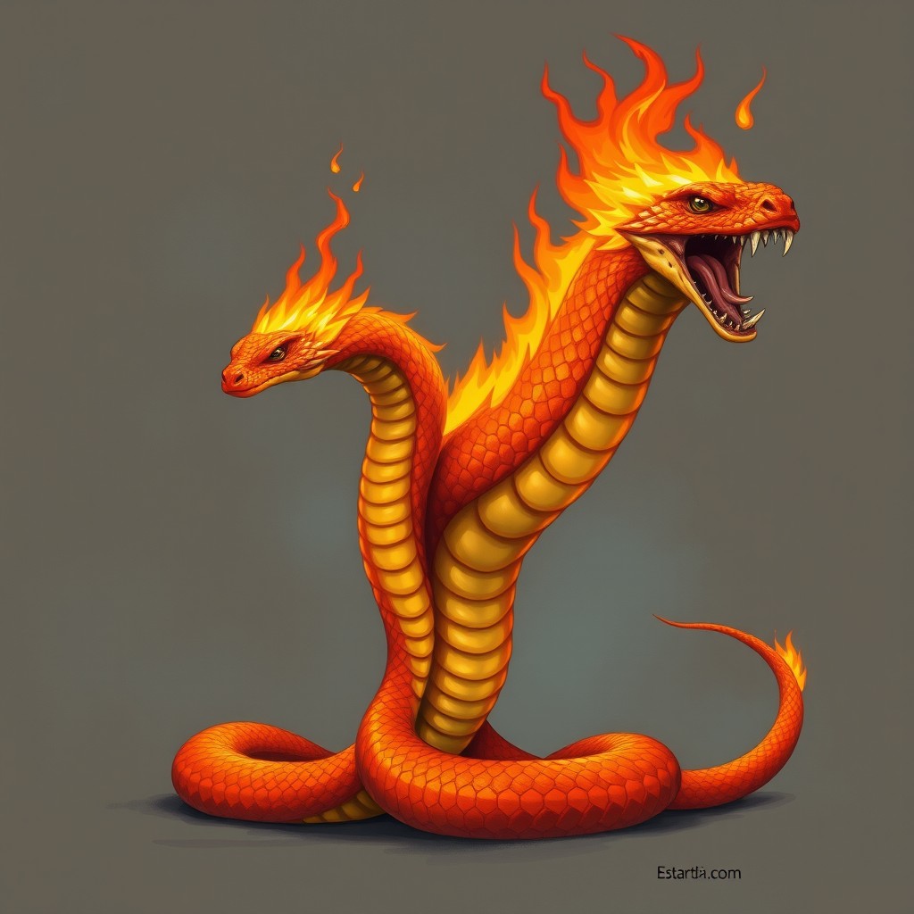A formidable DnD Firesnake featuring vibrant orange-red colored scales and fierce flames erupting along its back, showcasing its fiery nature