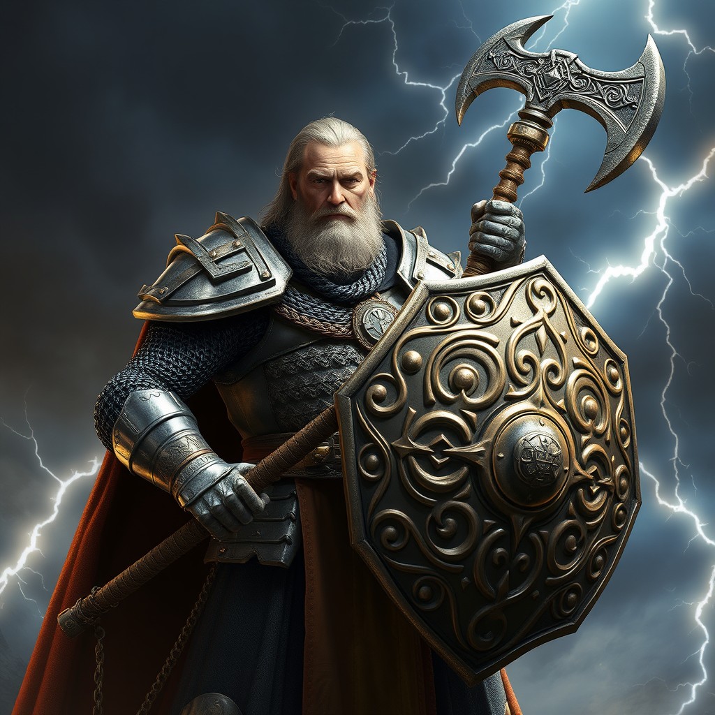 A heroic human priest of Talos, clad in shining chainmail armor, exuding a sense of divine power and strength