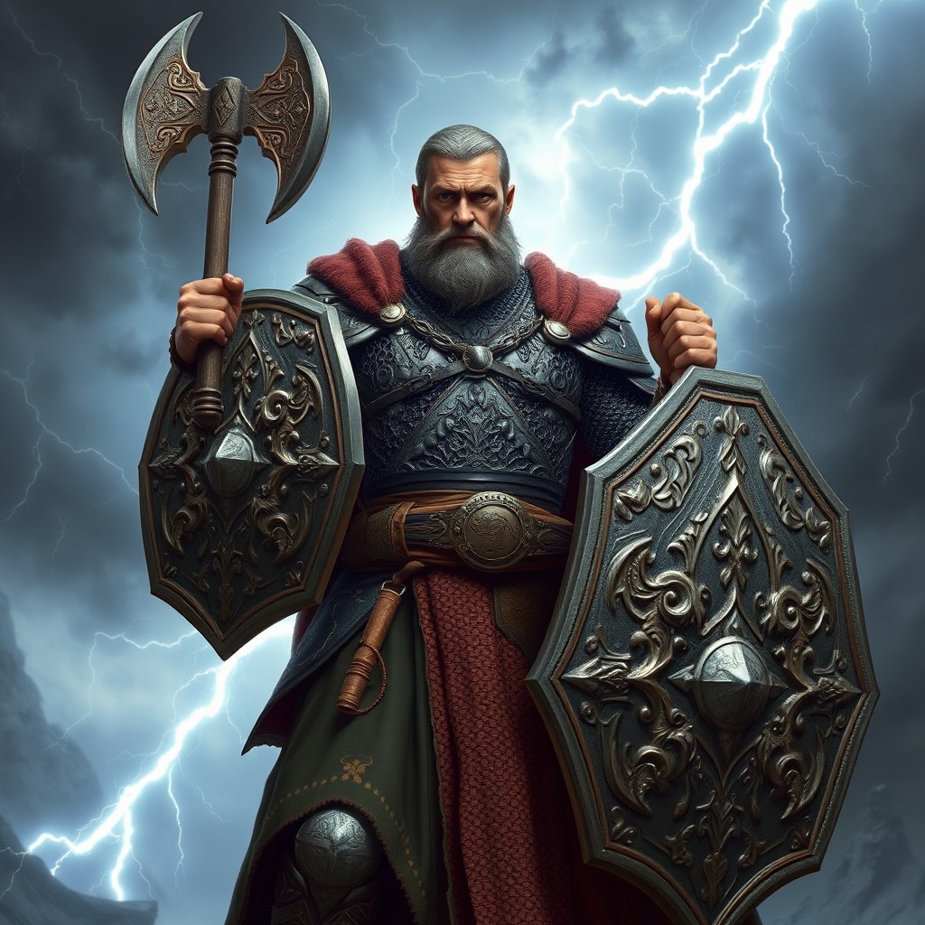A powerful human priest of Talos, depicted in intricate chainmail armor, standing confidently with a detailed ornate shield in one hand and a massive battle axe gripped in the other