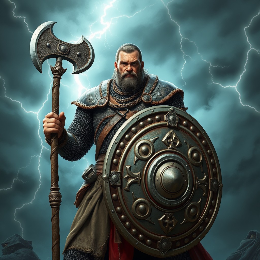 A powerful human priest of Talos, depicted standing boldly in traditional chainmail armor, gripping a large, intricately designed shield adorned with symbols of Talos