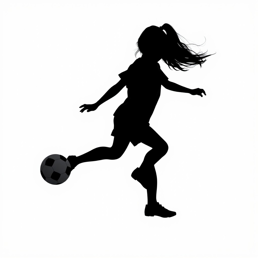 A captivating silhouette of a young girl playing soccer, depicted in a dynamic pose as she kicks a soccer ball