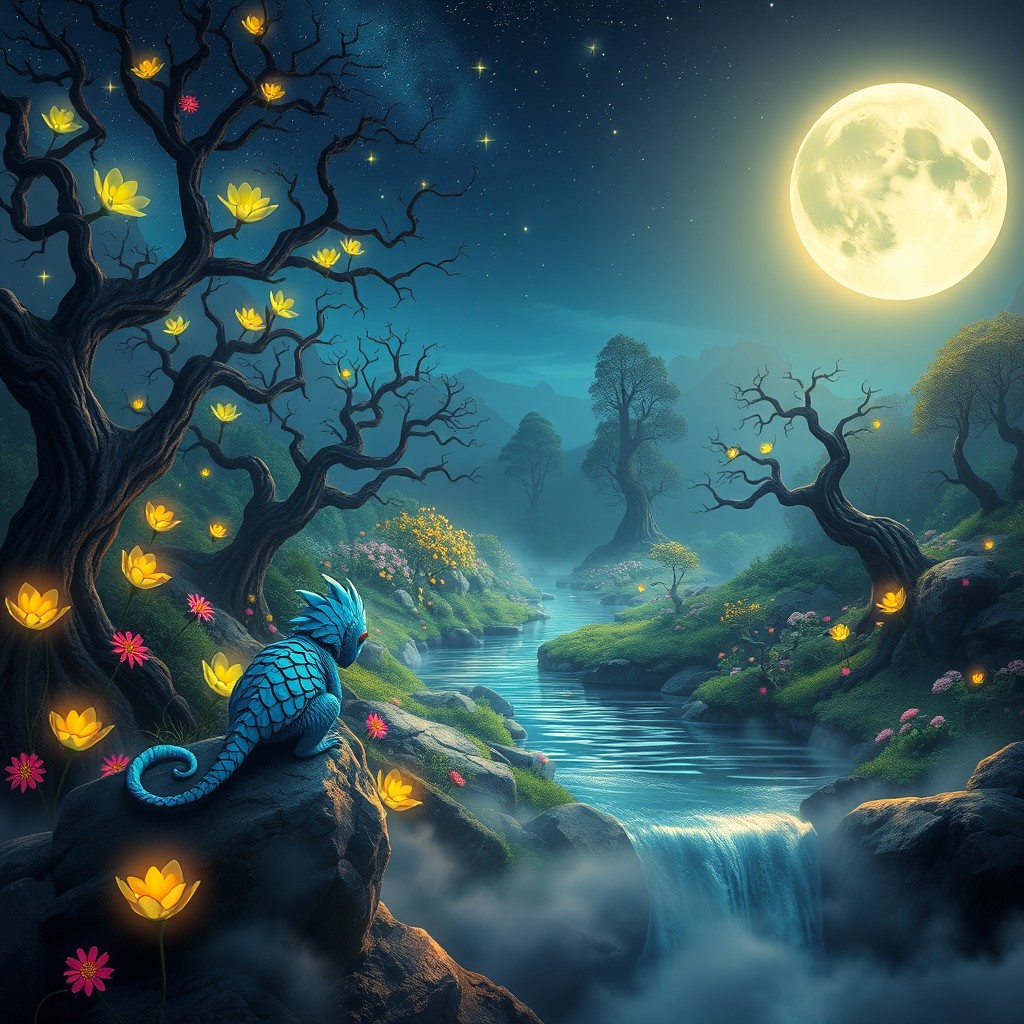 A vivid fantasy landscape showcasing a mystical forest filled with glowing flowers, tall ancient trees with twisted branches, and a shimmering river reflecting the moonlight
