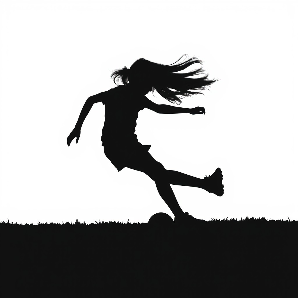 A striking silhouette of a young girl playing soccer, captured in an energetic pose as she skillfully maneuvers the ball