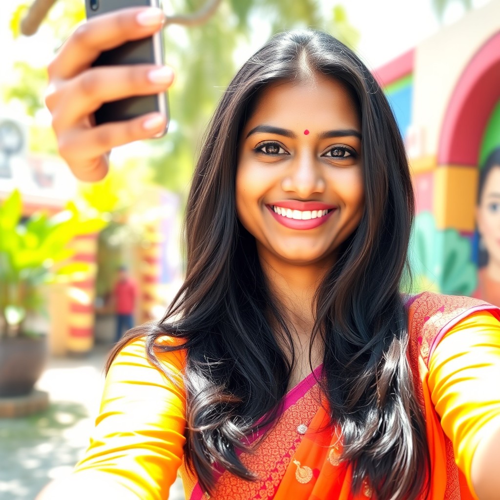 A 6-foot tall Indian woman with long, black hair and dark brown eyes taking a selfie