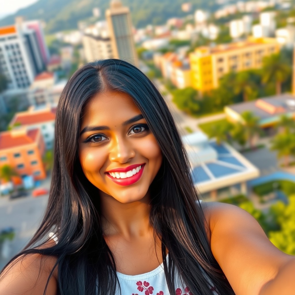 A tall Indian woman standing confidently at 6 feet, with long black hair cascading down her shoulders and deep dark brown eyes that sparkle with joy