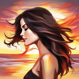 Create a detailed depiction of a brunette woman in side-profile against a beach sunset setting, her hair in a dynamic interpretation of bright flames.