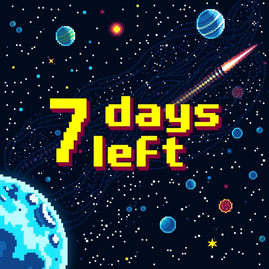 A pixel art style image depicting a captivating outer space scene featuring pixelated planets, stars, and cosmic elements like comets and galaxies in the background