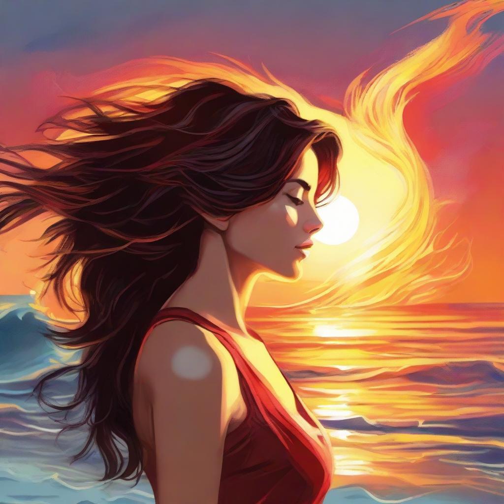 Create a detailed depiction of a brunette woman in side-profile against a beach sunset setting, her hair in a dynamic interpretation of bright flames.