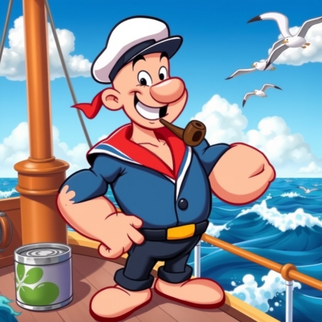 A cartoon illustration of Popeye the Sailor Man, showcasing his iconic features: a muscular build, prominent forearms, a sailor's cap, and a pipe in his mouth