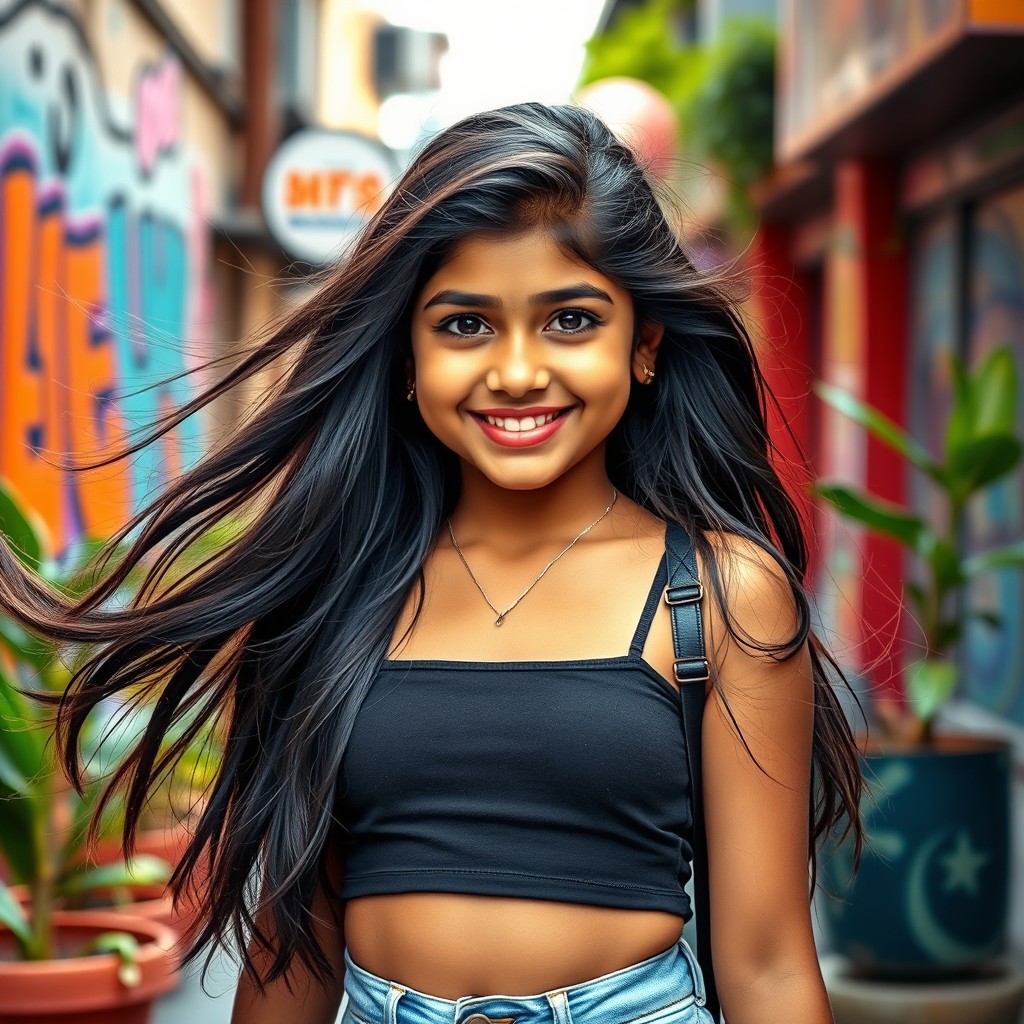 A cute Indian teenage girl wearing a trendy crop top, exuding a sense of youthful joy and vibrant style