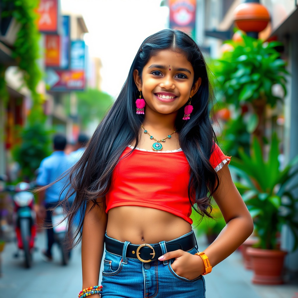 A cute Indian girl wearing a stylish crop top and stylish jeans, posing confidently in a lively urban setting