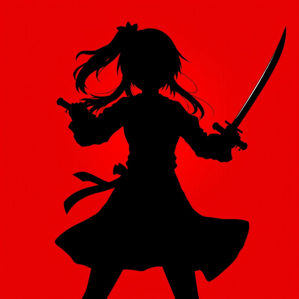 A striking image featuring the dark silhouette of an anime girl against a vivid red background