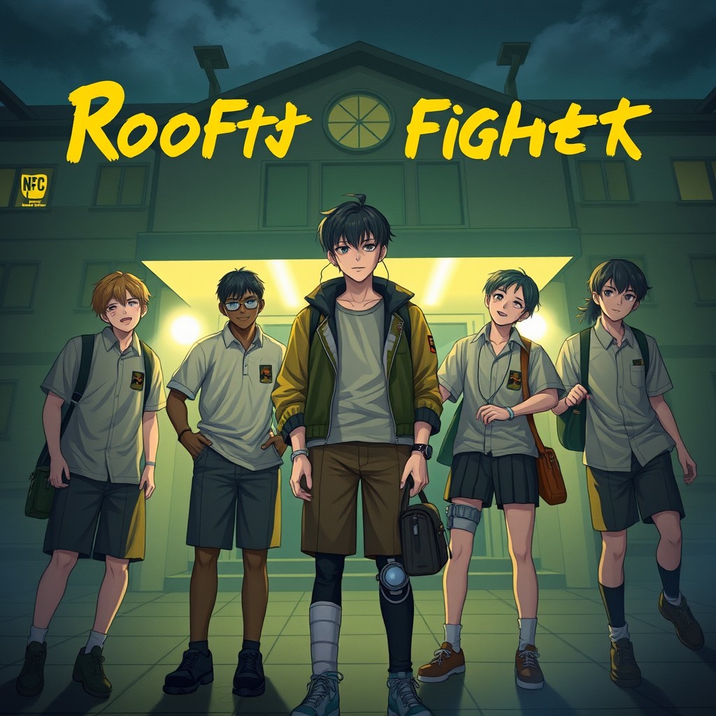 A dynamic and captivating scene titled 'Rooftop Fighter' featuring the main character Renjun from NCT standing in the center, surrounded by his friends Chenle, Jaemin, Haechan, Mark, Jisung, and Jeno in front of a school