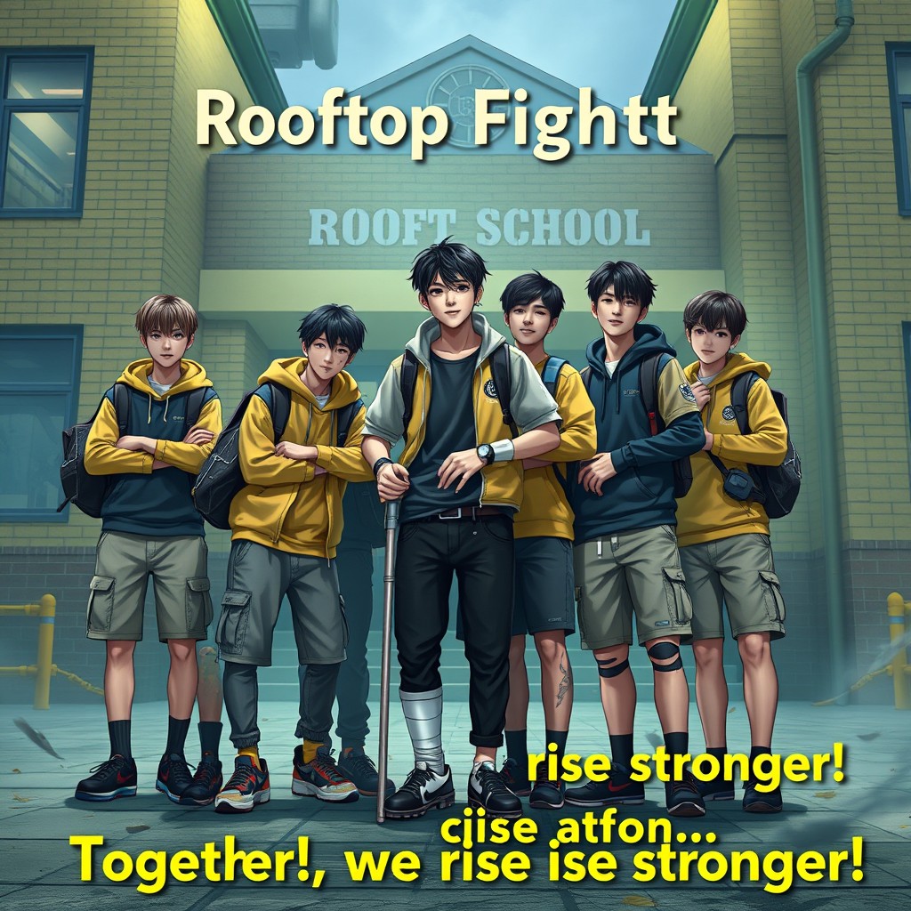 A group of schoolboys standing in front of a school, creating an action scene titled 'Rooftop Fighter'