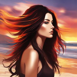 Create a detailed depiction of a brunette woman in side-profile against a beach sunset setting, her hair in a dynamic interpretation of bright flames.