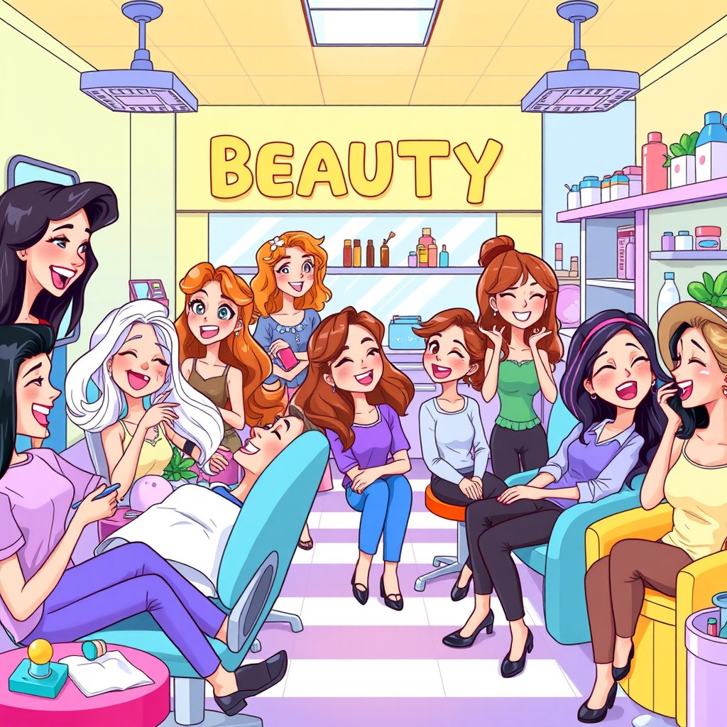 A cartoon-style illustration of a lively beauty center filled with animated young women joyfully participating in various beauty treatments