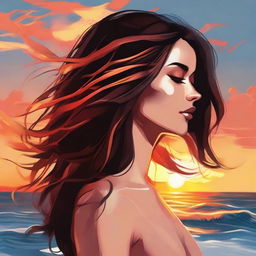 Create a detailed depiction of a brunette woman in side-profile against a beach sunset setting, her hair in a dynamic interpretation of bright flames.